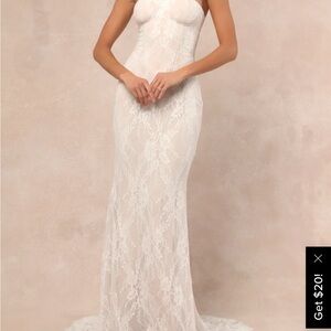 Lulu's Elegant White Lace Maxi Dress: front hemmed for 5’3” height. Worn 1x